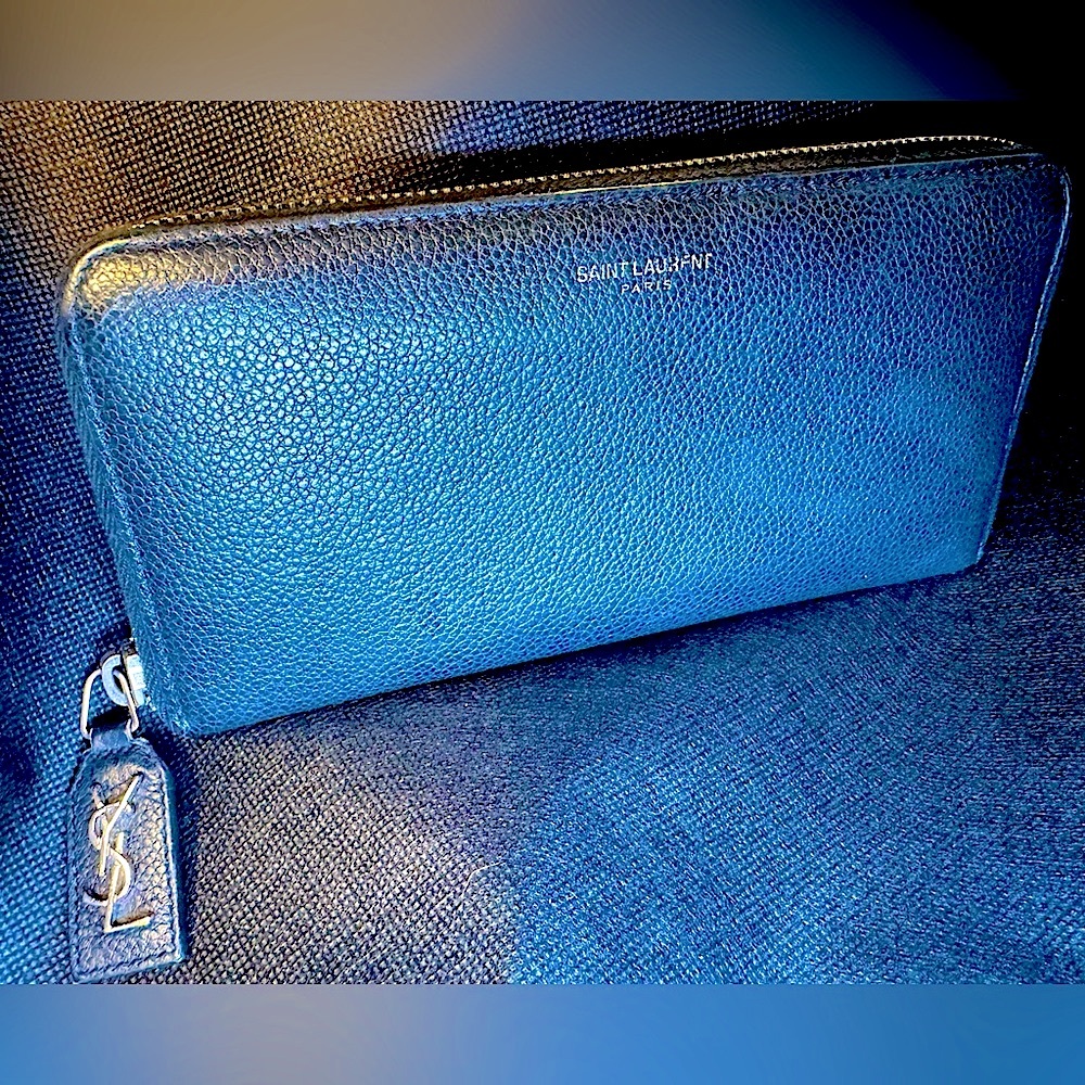 YSL Zip Around Wallet Saint Laurent Black Leather Silver Logo Discontinued RARE - Picture 3 of 16